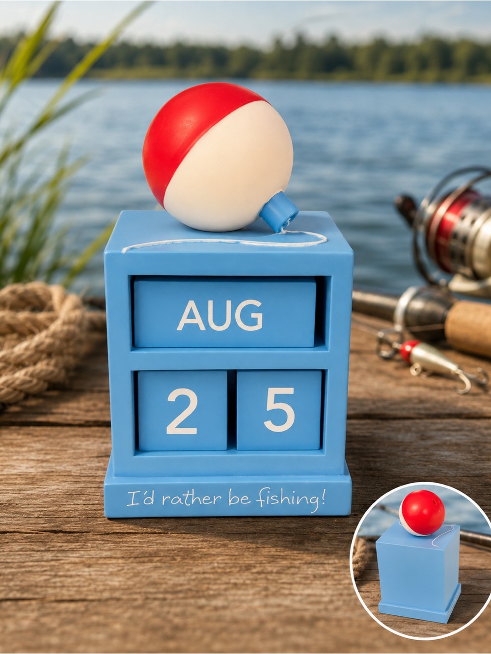 Gone fishing- Blue Fishing Perpetual Block Calendar with Red & White Bobber new